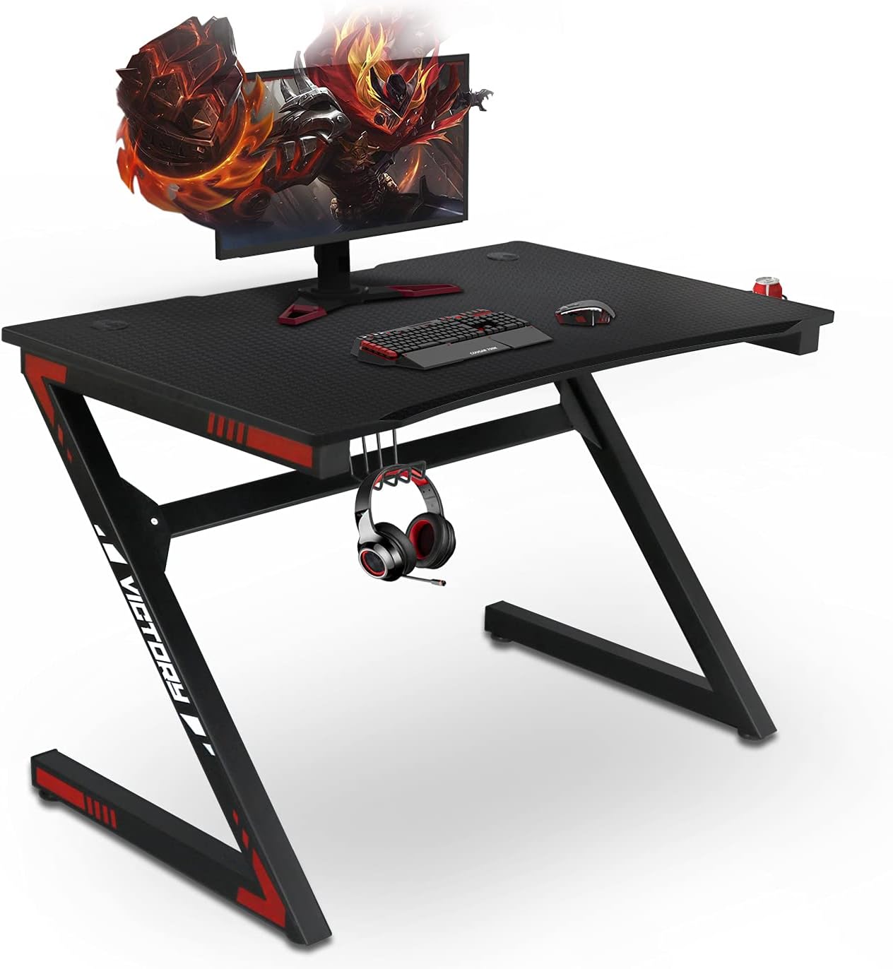 yhm Z Shaped Gaming Computer Desk 46 Inch Large Gaming Table Racing Table Student Desk with & Headphone Hook Cup Holder Home Office Computer Workstation (46 red and Black)