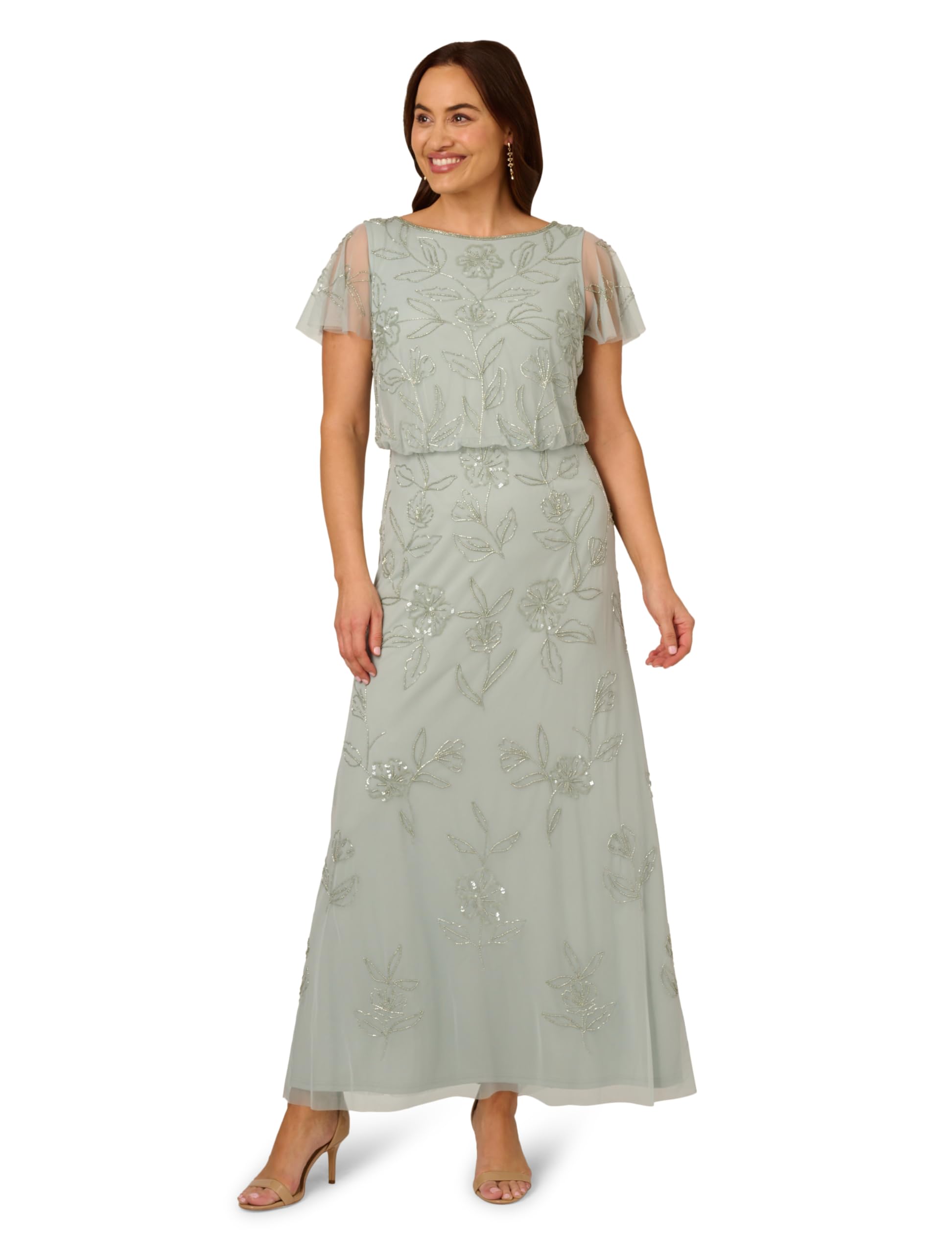 Adrianna Papell Women's Bead Blouson Long Dress Special Occasion, Aqua Dust, 26 Plus