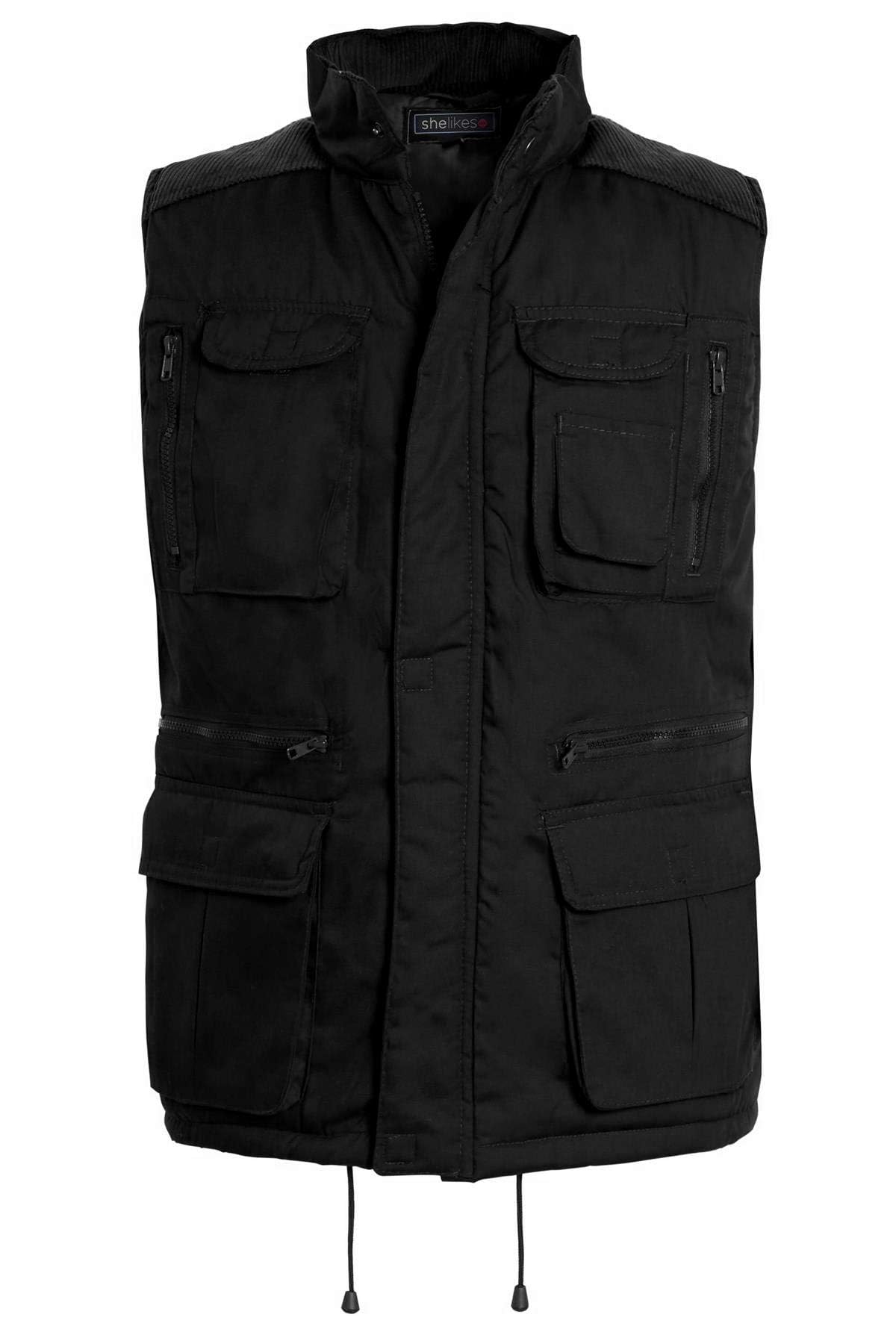 shelikes Men Gilet Body Warmer Multi Pockets Jacket Sleeveless Safari Vest Hiking Waistcoat Black
