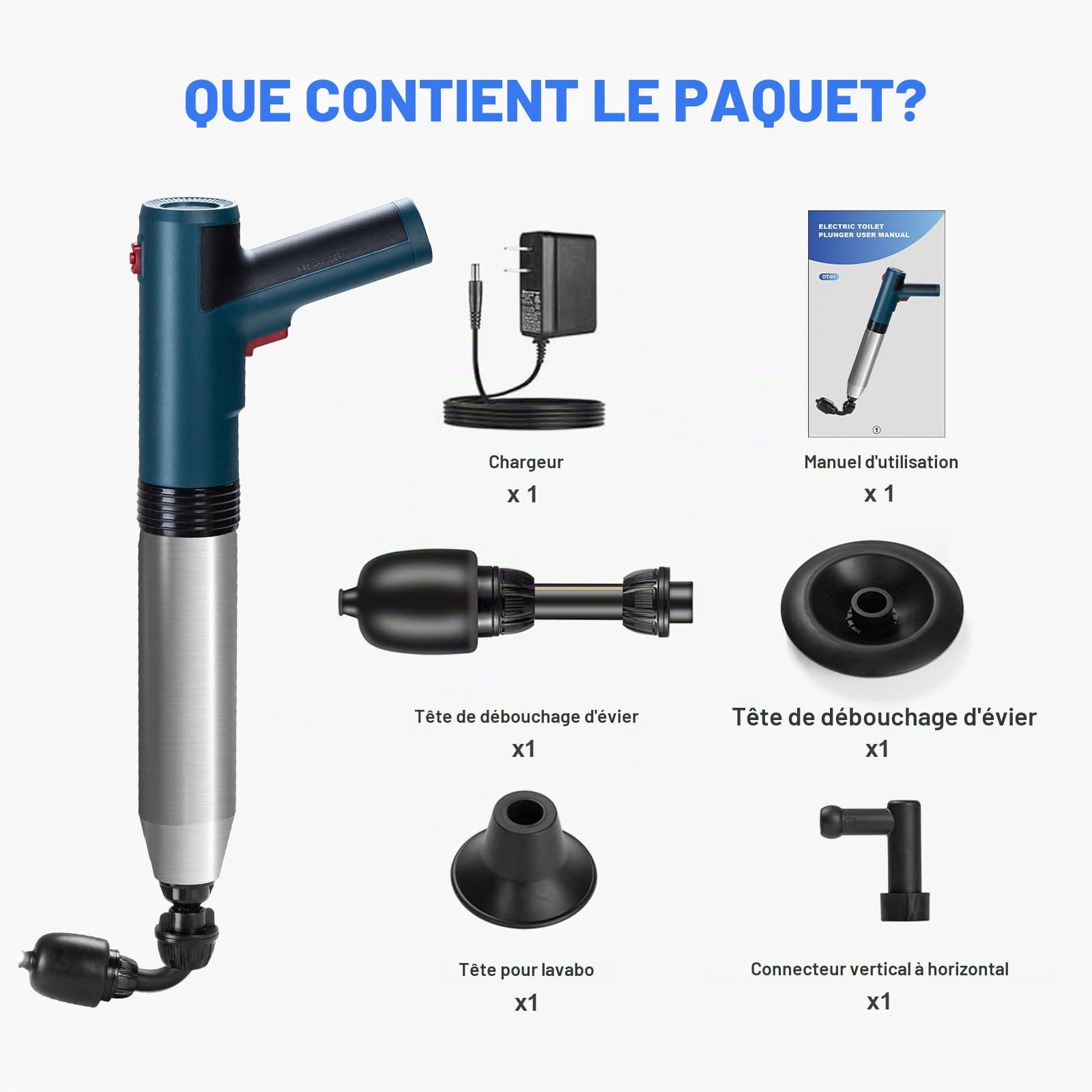 Déboucheur WC Électrique Puissant avec Tête Rotative 360°, Pompe Déboucheur Canalisation avec 3 Têtes Remplaçables, Déboucheur à Pompe pour Déboucher Toilettes Baignoires Lavabos Éviers et Canalisatio
