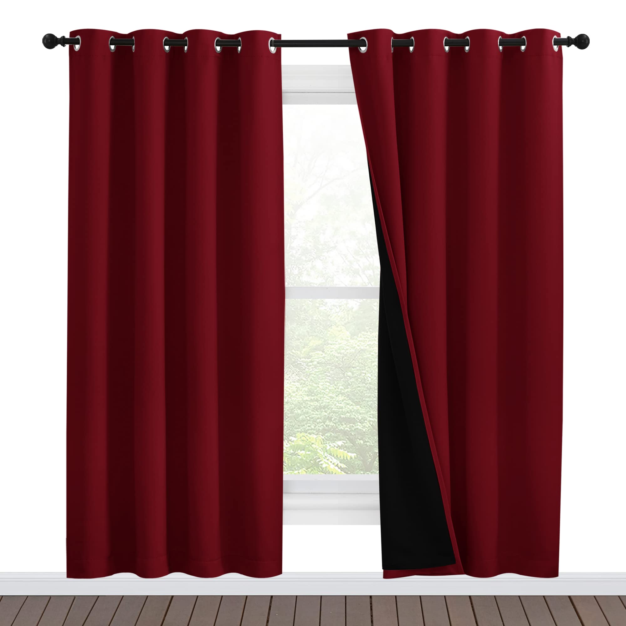 NICETOWN Living Room Completely Shaded Draperies, Privacy Protection &amp; Noise Reducing Ring Top Drapes, Black Lined Insulated Window Treatment Curtain Panels(Burgundy Red, 2 Pieces, W55 x L78)