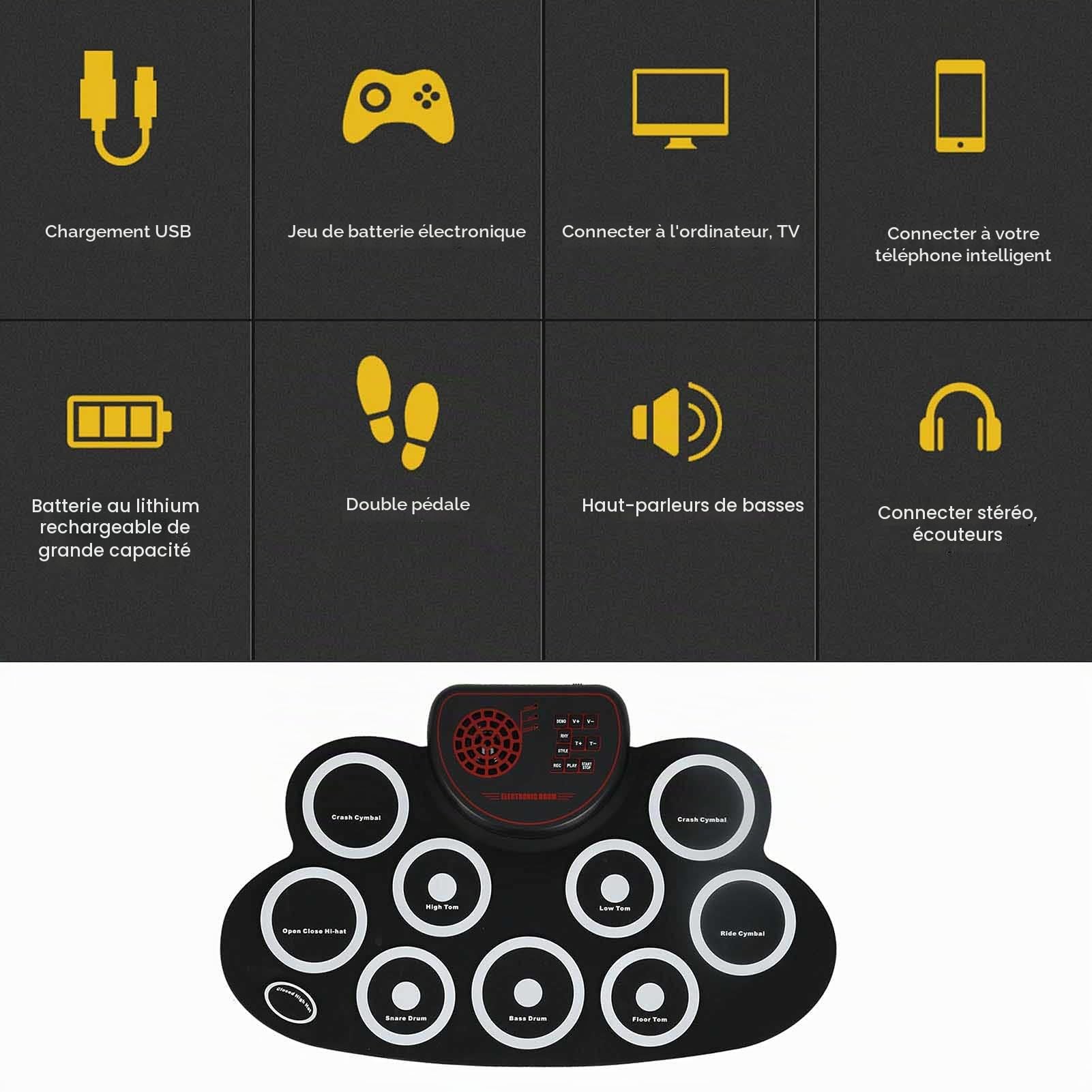 Batterie Electronique Enfant, Ensemble de Batterie Enroulable, 9 Pads, Kit de Batterie avec Pédales et Baguettes de Batterie, Double Haut-parleur intégré, Idéal