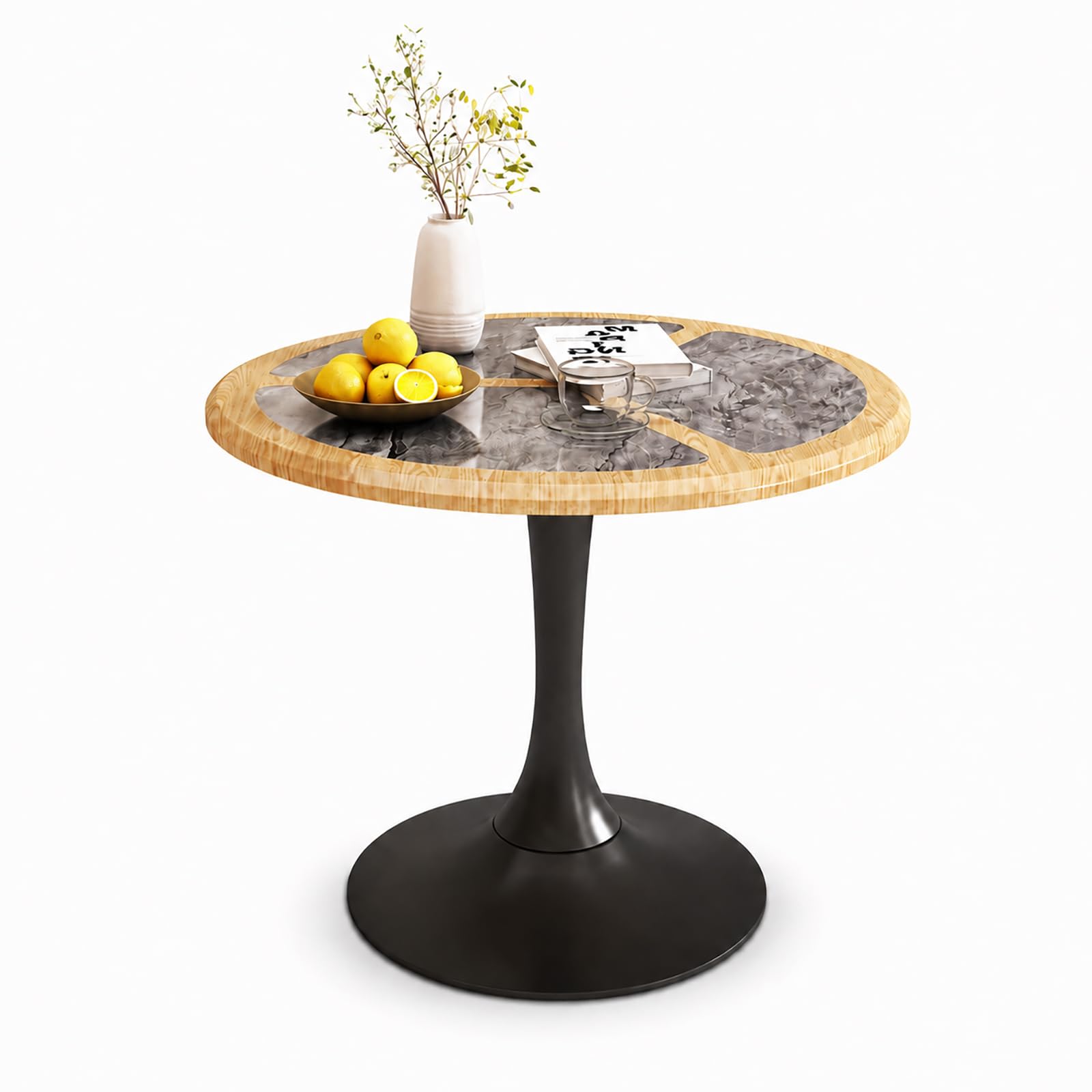 Round Table, Non-Slip Stable Space-Saving Small Dining Tables Modern, Waterproof Rounded Corners Wood Pattern Marble Dining Table, Bistro Table for Kitchens and Living Rooms (Grey, 80 × 80 × 75 cm)