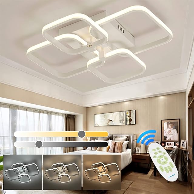XEMQENER LED Dimmable Ceiling Lights with Remote, Chandelier Ceiling Light with 4 Squares, Flush Mount Ceiling Lamp for Living Room Kitchen Office Bedroom Dining Room(2800k-6000k, White, 6-15)