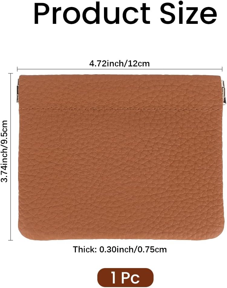Genuine Leather Squeeze Coin Purse Brown Portable Vintage Self Closing Snap Closure Organizer Change Makeup Lipstick Cosmetic Holder Pouch Pocket Small Bag for Travel Women Men