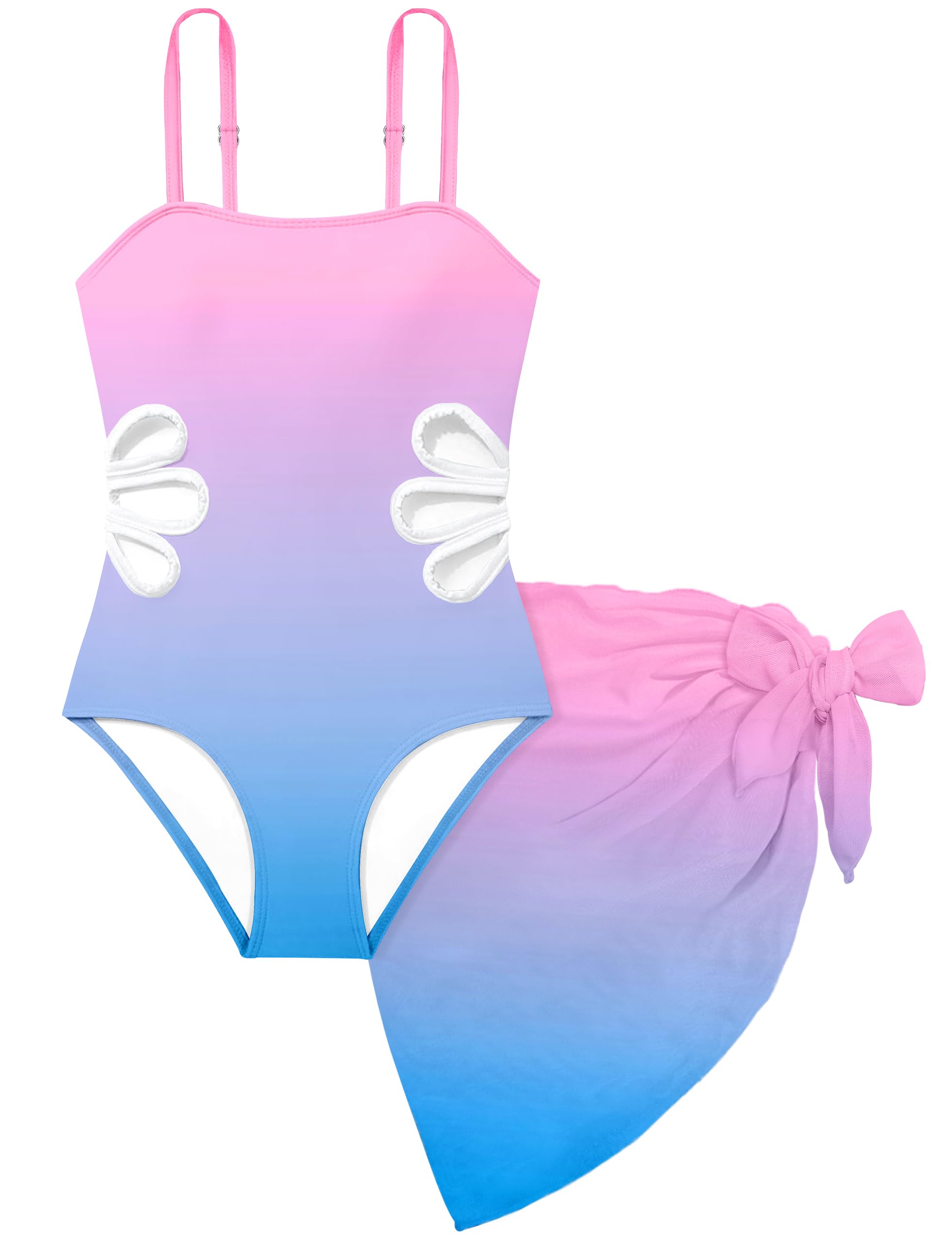 Girls Swimsuit Adjustable Straps Cut Out One Piece Bathing Suit with Solid Color Cover Up Skirt Girls' Swimwear 5-16Y