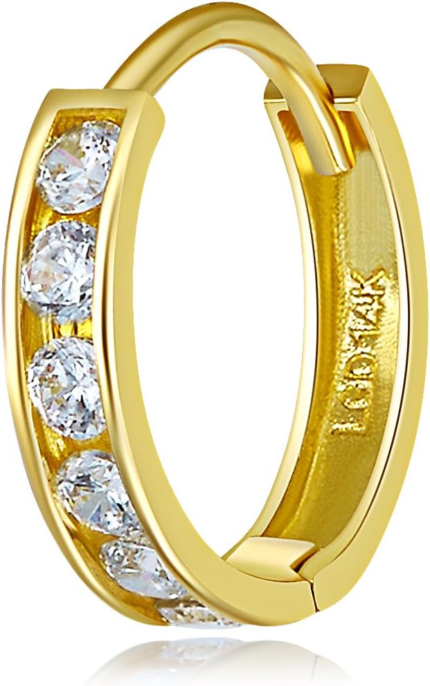 TWJC 14k REAL Yellow Gold 2mm Thickness CZ Channel Set Hoop Huggie Earrings - 3 Differnet Size Available