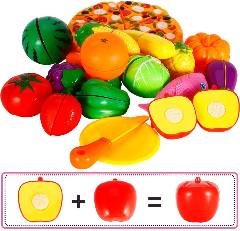 Emorefun Funslane 24 pcs Pretend Food Playset, Plastic Kitchen Cutting