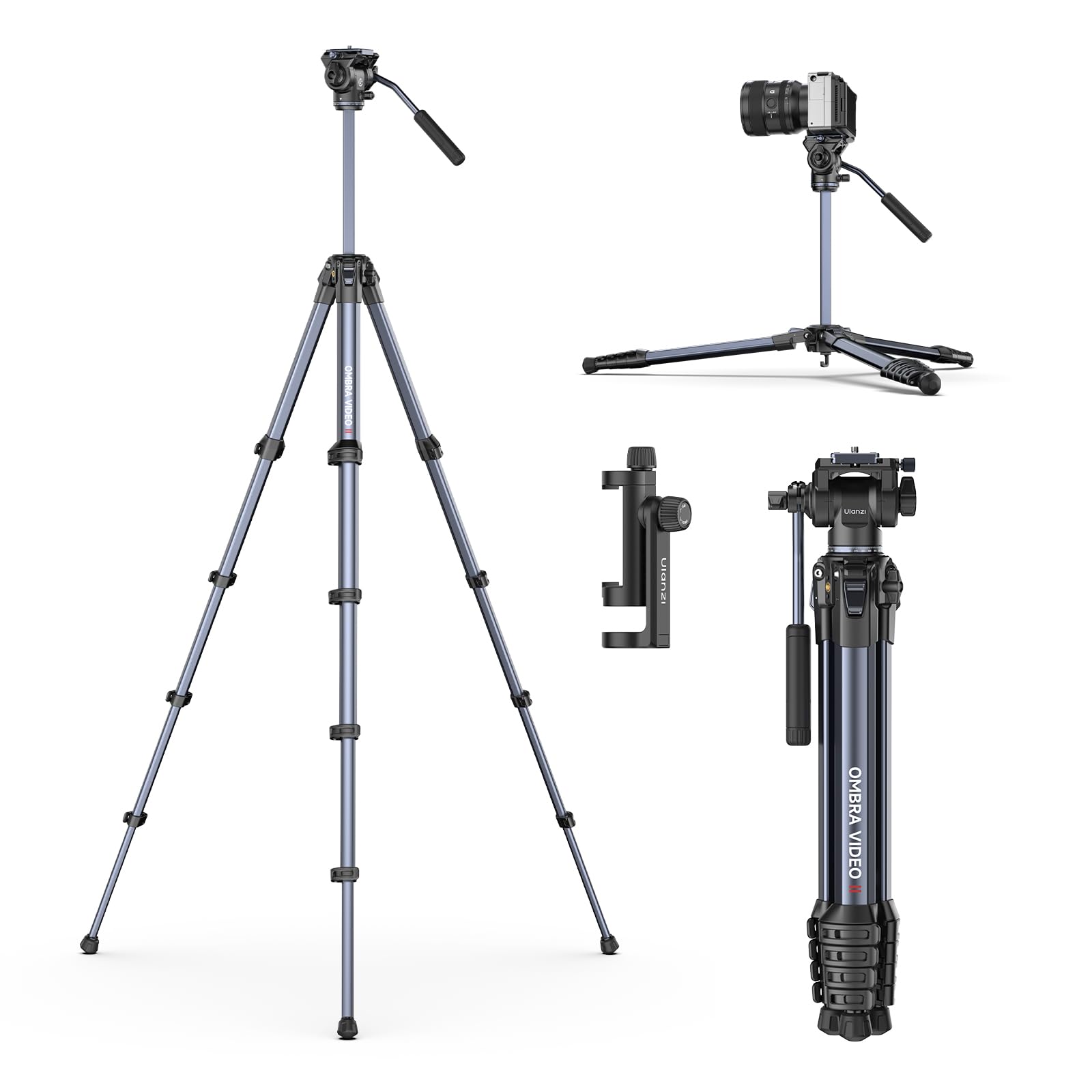 ULANZI Ombra Vídeo II Trípode para Cámara 157 cm con Cabezal Fluido, Giro de 360° e Inclinación de -70°/+90°, Trípode de Viaje con Soporte para Móvil, Compatible con Arca Swiss para DSLR, Móvil