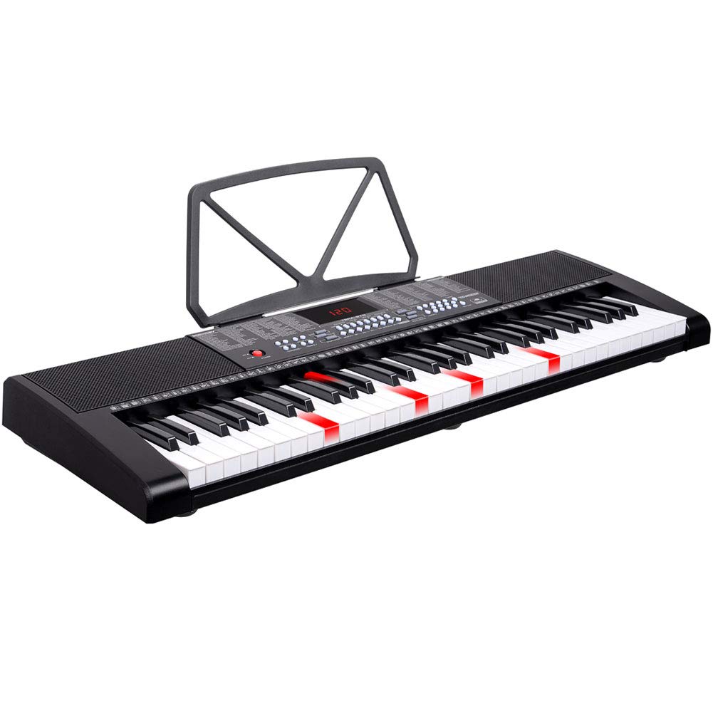 Bakaji Teclado musical plano electrónico, 61 teclas multifunción con 255 ritmos, 50 canciones preestablecidas, entrada AUX y soporte para partituras