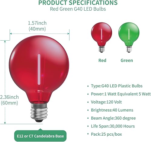 Miniatura 2 de Bombillas de repuesto G40 de color rojo y verde para luces de Navidad, 1 vatio, inastillables, de 1.57 pulgadas, bombillas LED para cadena de luces