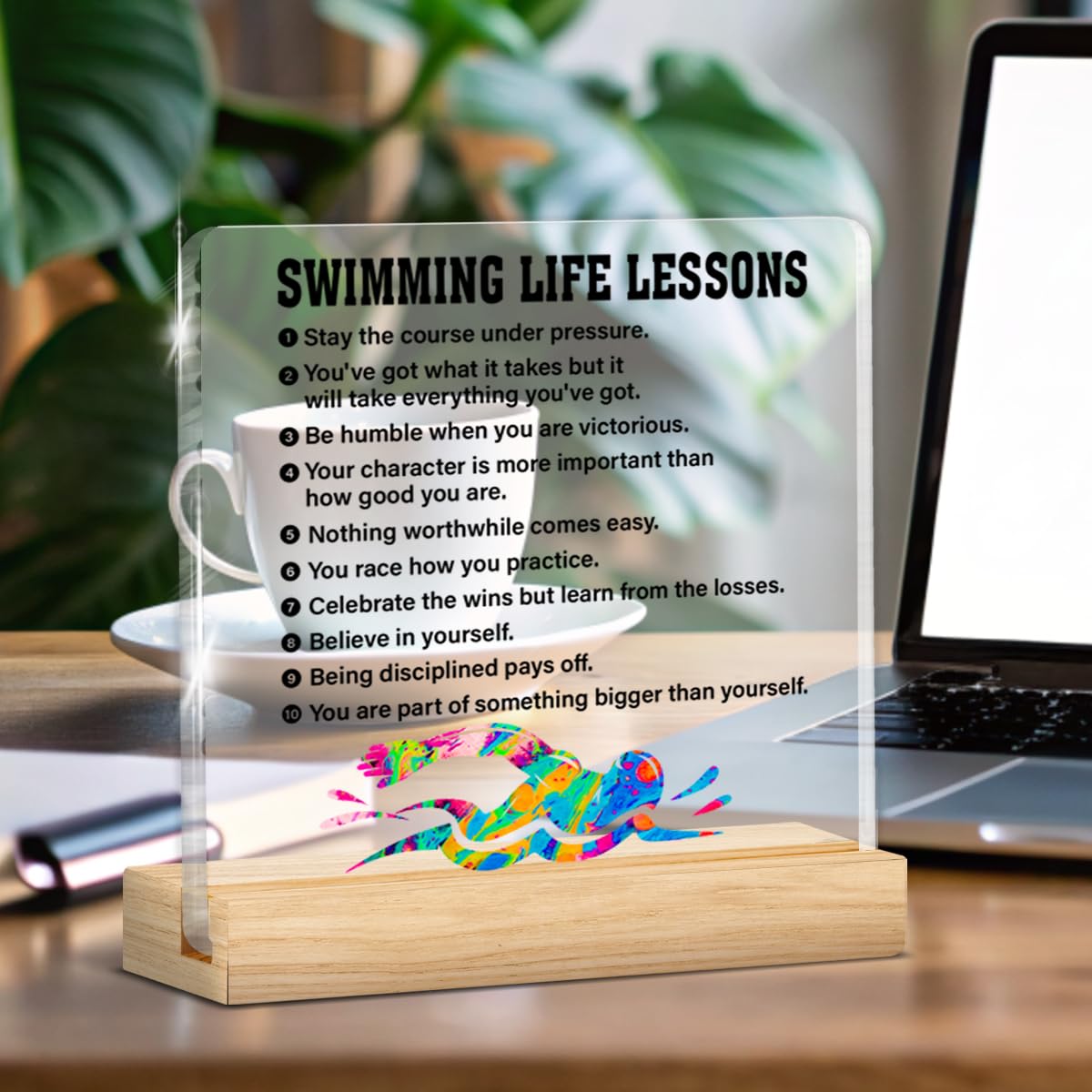 Swimming Gifts for Men Boys Women, Inspirational Gifts for Swimmer Swimming Fans Lover, Acrylic Plaque Sign with Wooden Stand Home Office Decor