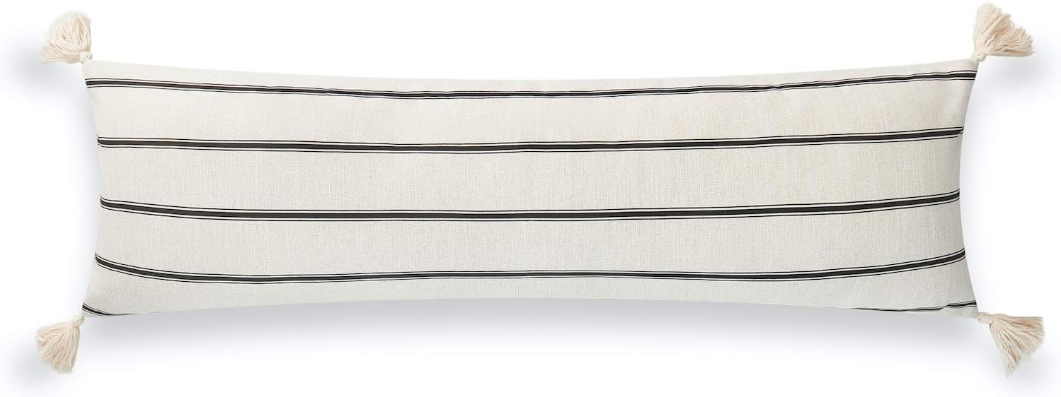 Hofdeco Premium Modern Boho Moroccan Indoor Outdoor Body Lumbar Pillow Cover ONLY for Bed, Backyard, Couch, Sofa, Black White Stripe Tassels, 12"x40"