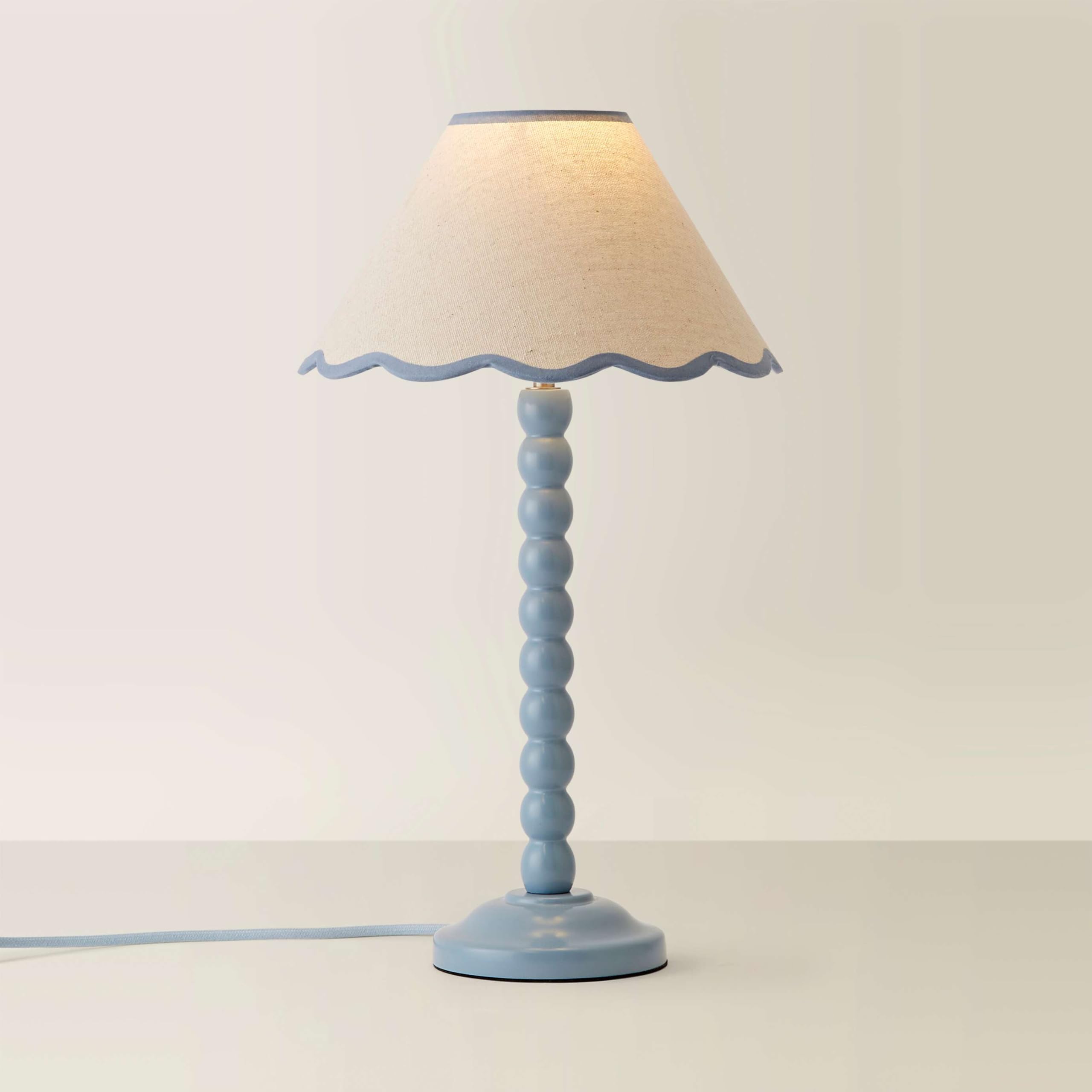 Valuelights Pale Blue Bobbins Powder Blue Table Lamp With Tapered Natural Linen Scallop Shade In