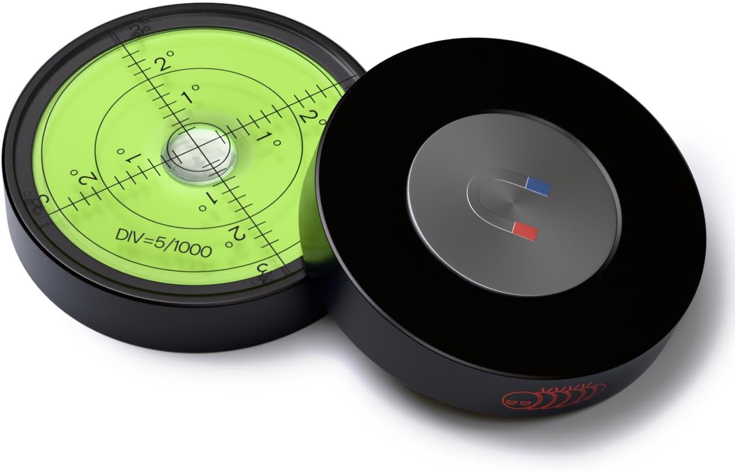 Magnetic Metal Large Spirit Bubble Level 60mm Diameter, (2 23/64 in), Surface Level - Metal Housing, Bulls Eye Bullseye, Green/Black