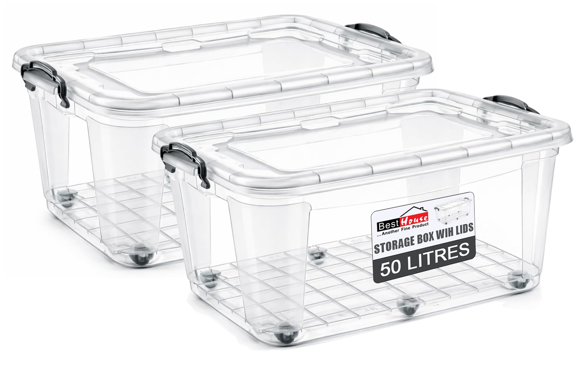 BH | Plastic Storage Box with Lids and Wheels | LARGE Size | 50L (L:63.5cm W:40.5cm H:33.5cm) | Set of 2 | Stackable Clear Durable Multipurpose Office Toys Home Tools Crafts Household - by Best House