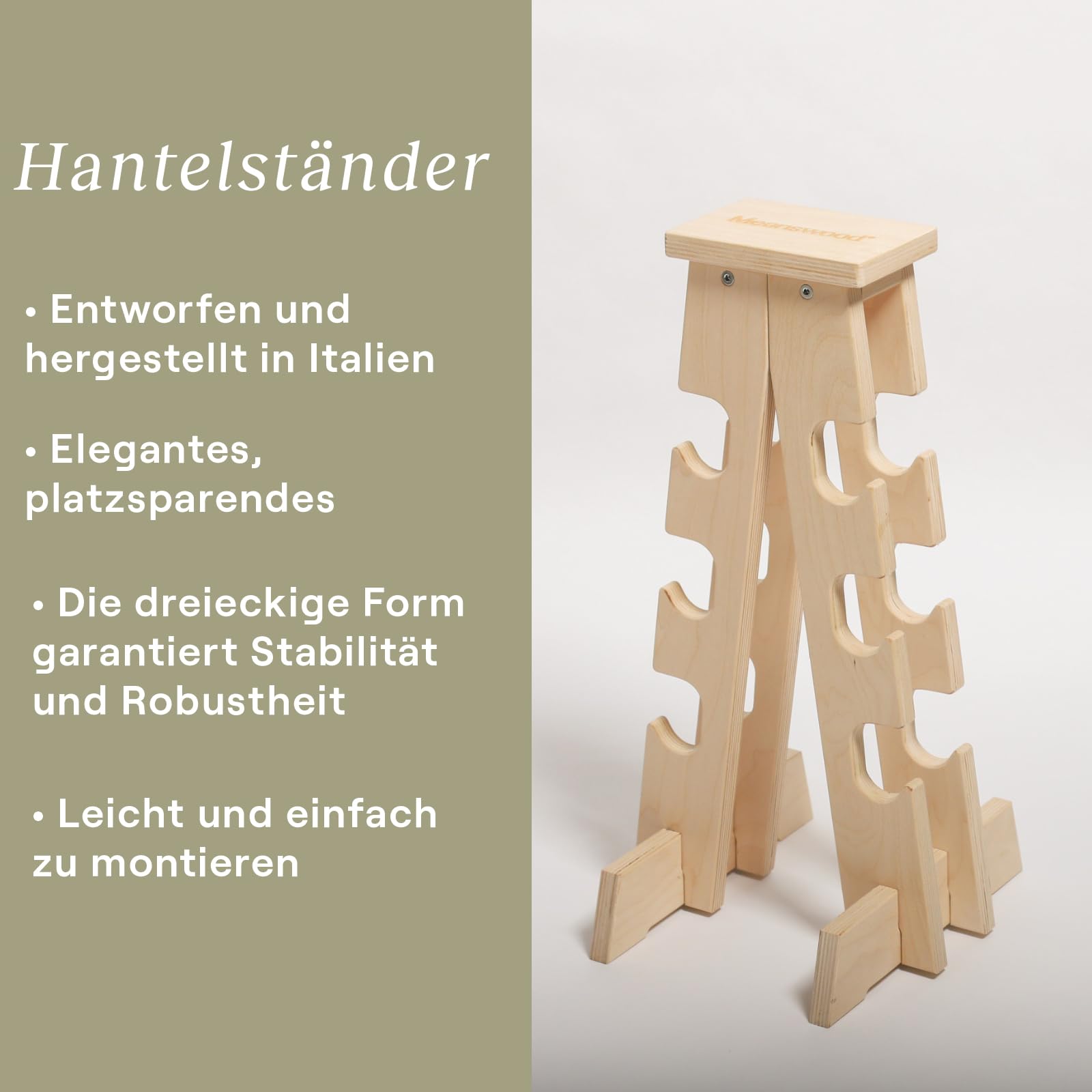 Meanswood Hantelständer Holz – Hantelablage für Zuhause, Kurzhantel Regal, Hantelhalterung aus Holz für 6 Hanteln (70 kg Max.) - Made in Italy