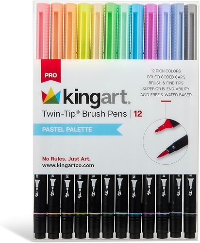 KINGART PRO - Marcadores de punta doble serie 445 con pincel, colección PASTEL, juego de 12 colores únicos y vivos