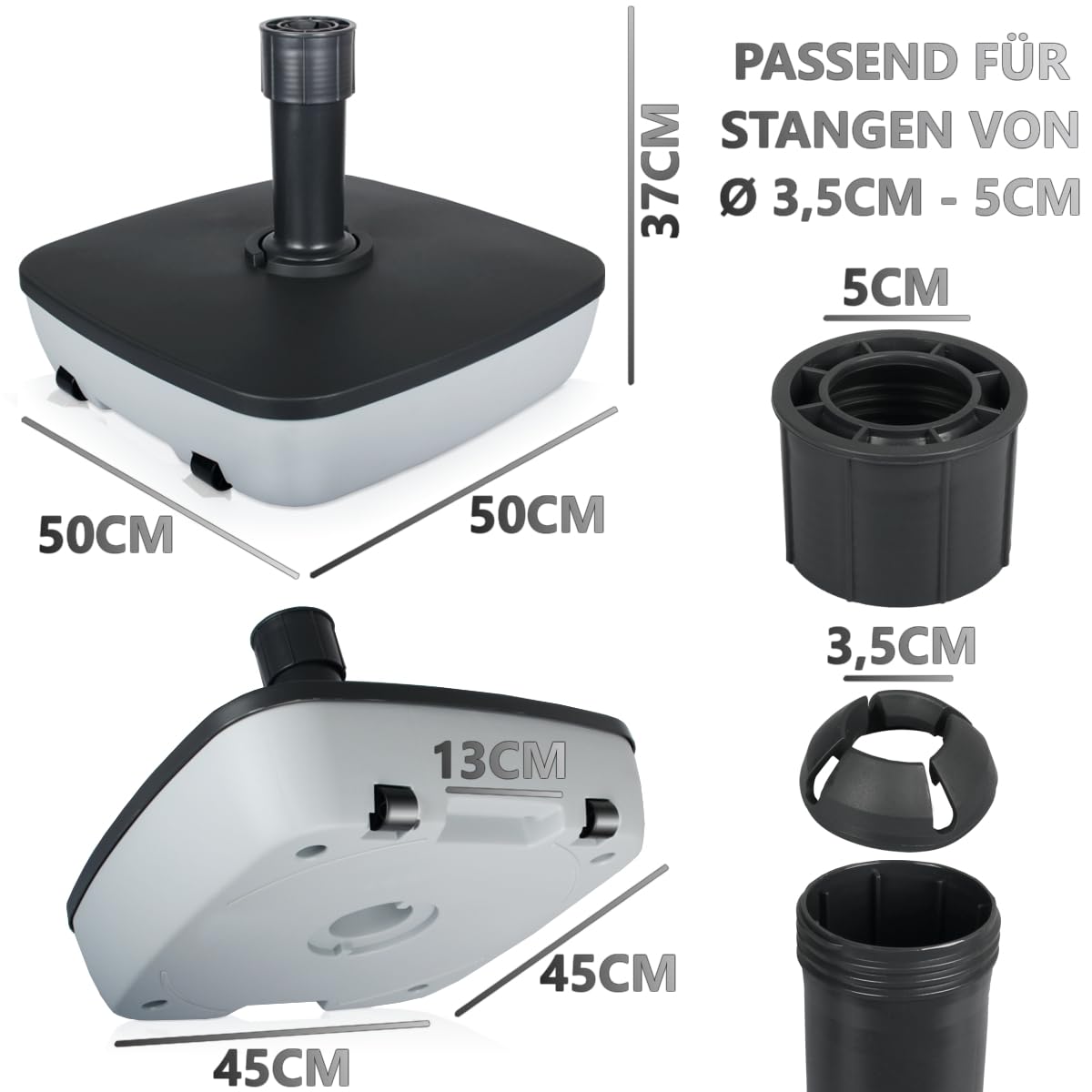 Stimo Premium Sonnenschirmständer für 3,5-5cm mit Rollen Schirmständer rollbar Grau Schirmfuß befüllbar bis 40kg