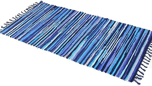 SERENITA Chindi - Alfombra reversible de algodón tejida a mano para cocina, dormitorio, baño, sala de estar, lavable, rayas azules, 22 x 36 pulgadas