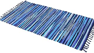 SERENITA Chindi Rug Reversible Rag Cotton Hand Woven Throw Area Rugs for Kitchen Bedroom Bathroom Livingroom Washable Stripe Blue 22" x 36"