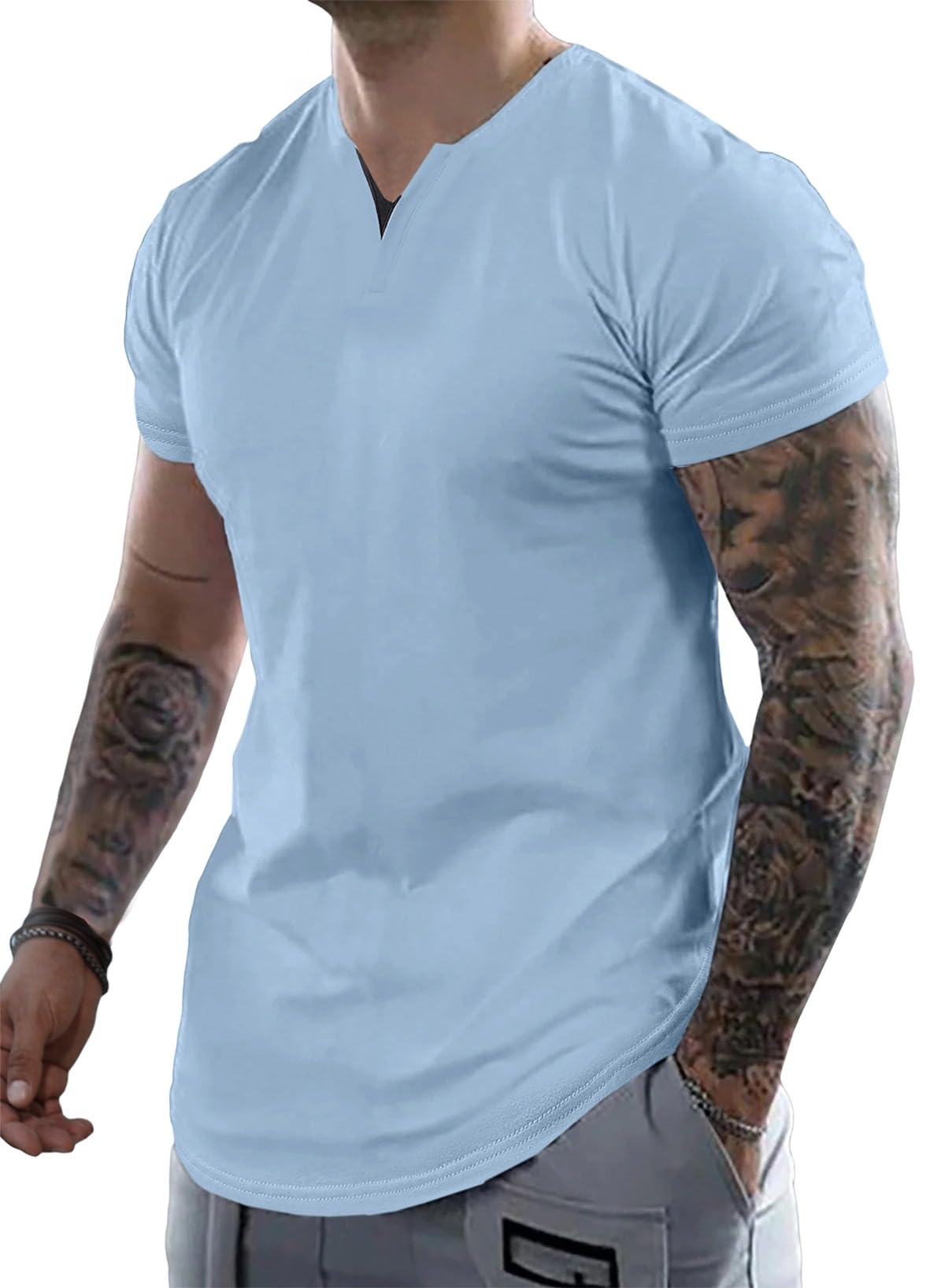 JMIERR Mens Muscle Slim T Shirts Summer V Neck Gym Shirt Casual Cotton Workout Athletic Longline Tees