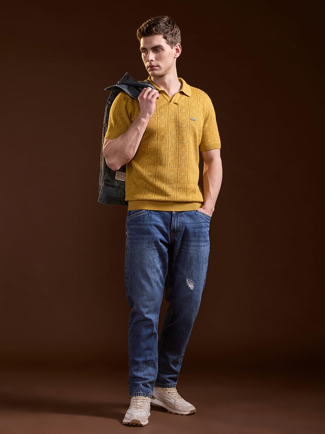 THE BEAR HOUSE Men's Mustard Pure Cotton Textured Knit Polo 3