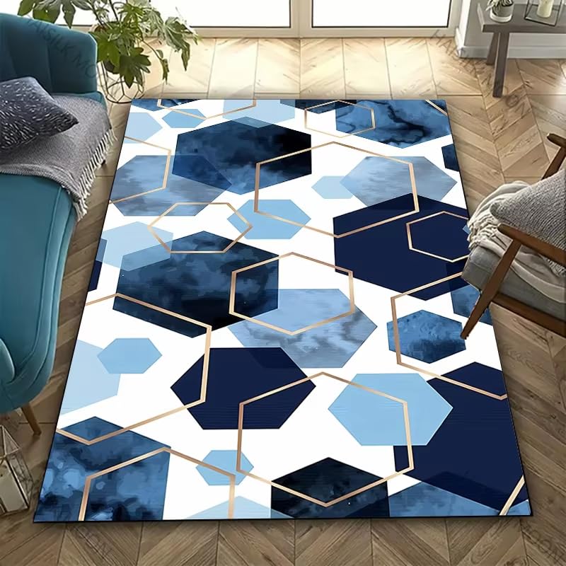 Alfombra geométrica azul patchwork antidesgaste para proteger el suelo del comedor