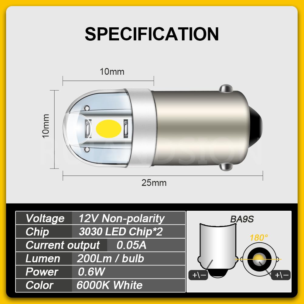 Ruiandsion Lampadine LED BA9S, Confezione da 40, 12V Bianco Freddo Non Polare, per Luci di Porta, Gradino, Parcheggio e Luci Città, Compatibile con BA9 T11 1891 1895 1445