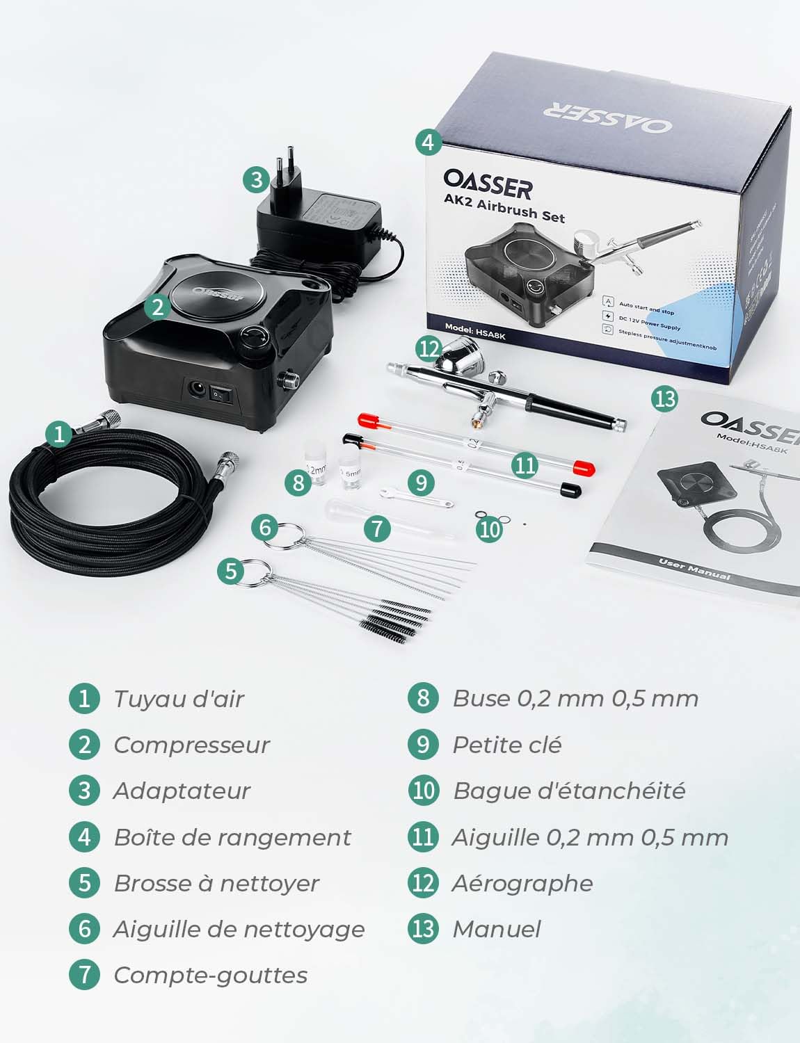 Oasser Kit Aerographe avec Compresseur Aerographe Double Action 36 PSI Buse 0,2 0,3 0,5 mm pour Nail, Peinture, Modelisme, Tatouage, Maquillage, Gâteaux, Noir