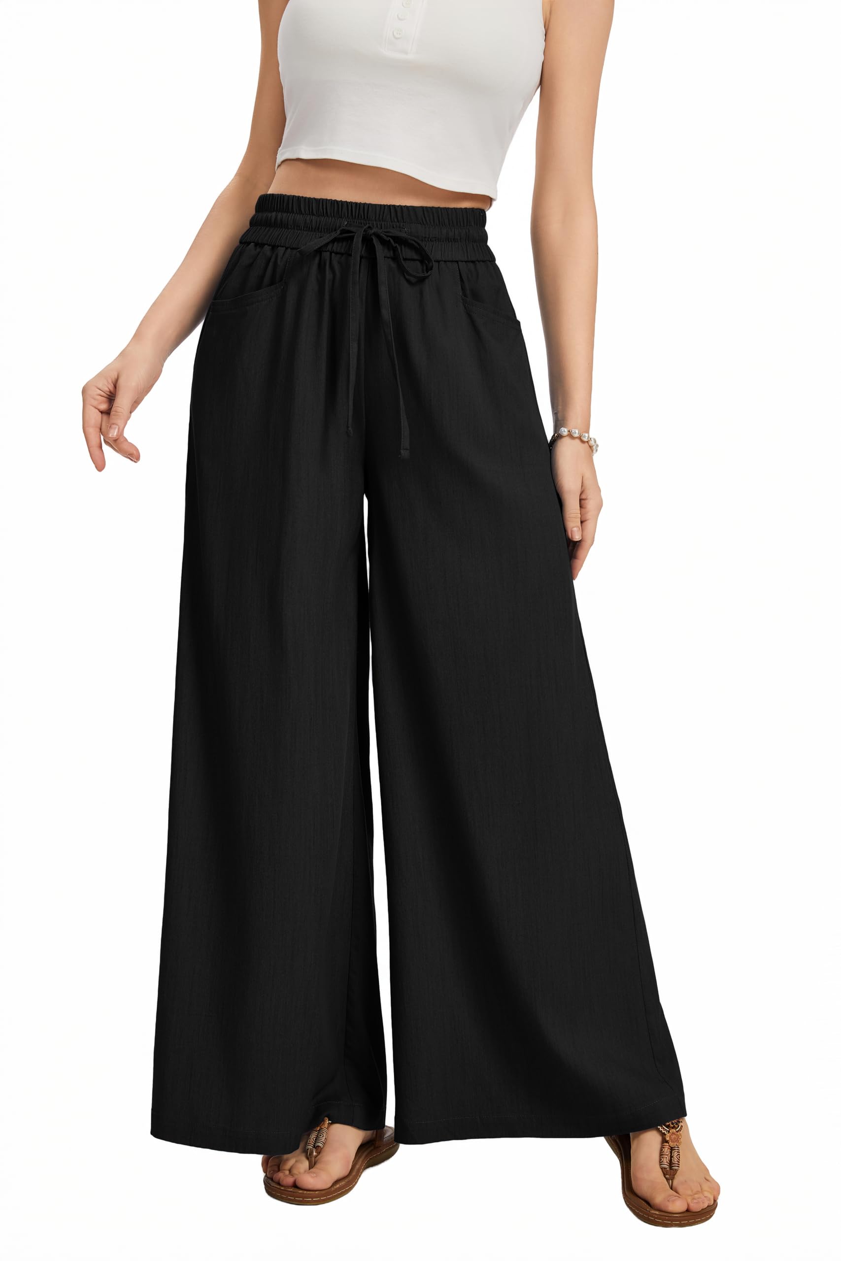 Wide Leg Casual Pants Women Elastic Drawstring Waisted Palazzo Cropped Trousers Baggy Slacks with Pockets