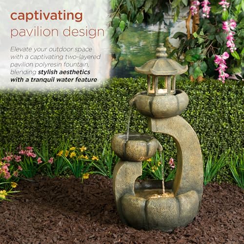 Image of Alpine Corporation 32 inch Tall 2-Layer Pagoda Polystone Fountain with LED Lights, Cascading Waterfall, Outdoor Garden and Patio Water Feature, Zen Decor, Relaxing Sound, Brown