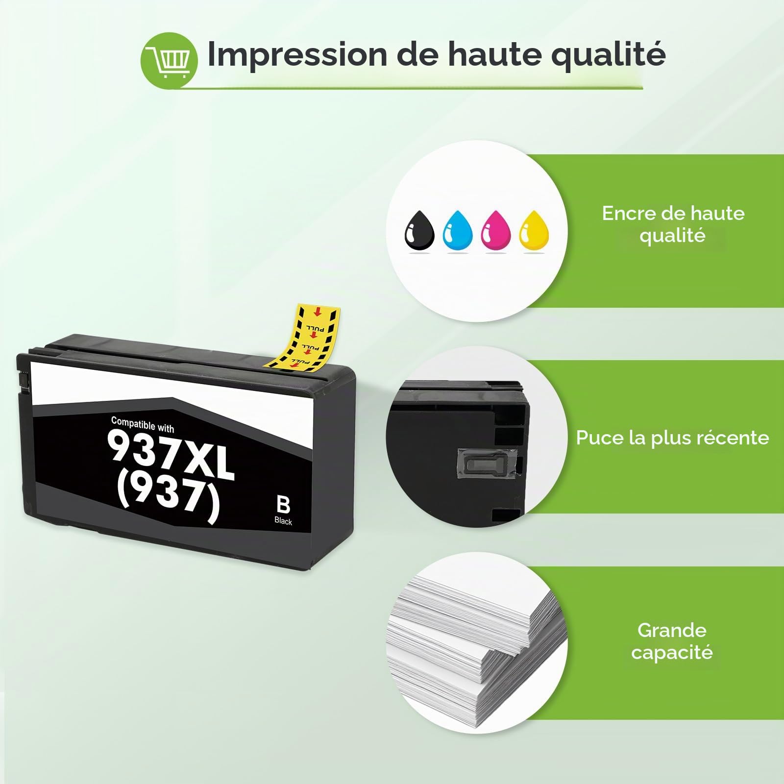 Cartouche 937XL 937 9730e 9120e pour HP 937 Pack de 4 Cartouche XL 937e | Compatible pour HP OfficeJet Pro 9720e 9132e 9122e 9120b 9125e 9130b 9130e 9720 9730 Imprimantes (Noir Cyan Jaune Magenta)