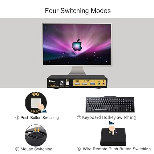 Miniatura 4 de CKLau Conmutador KVM USB 3.0 de 2 puertos HDMI 2.1 8K60Hz 4K 144Hz con audio, salida de micrófono y cables compatible con conmutación de teclas de