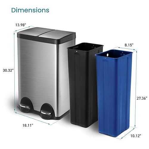 Miniatura 6 de Home Zone Living Cubo de basura delgado de 15.8 galones, doble compartimento, acero inoxidable, pedal de escalón, 60 litros, plata