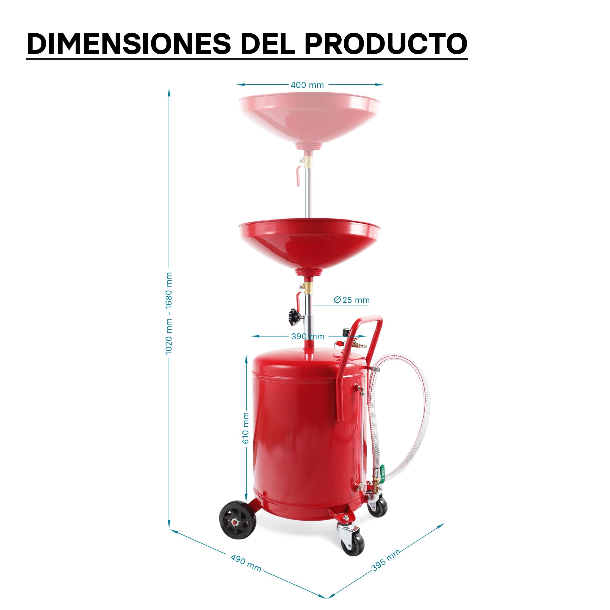WilTec Recogedor de Aceite Usado 80l, Altura regulable122-168cm y chasis 4 Ruedas, Vaciado Aire a presión