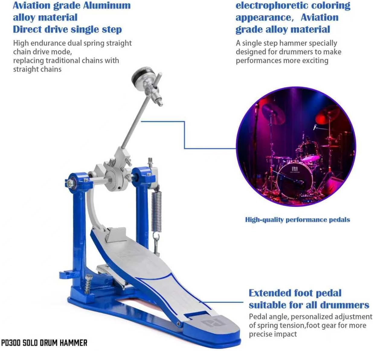 Direct Drive Single Bass Drum Pedal, Smooth & Responsive Single Kick Pedal with Adjustable Footboard, Stable Metal Frame, for Acoustic & Electronic Drums (Red/Blue/Black) (Blue)