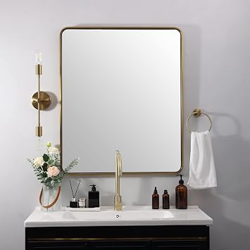 ANDY STAR Gold Bathroom Mirror for Wall, 30x36 Brushed Gold Rounded Rectangle Mirror for Vanity in SUS304-Anti-Rust, Wall-Mounted Horizontal/Vertical 1 Deep