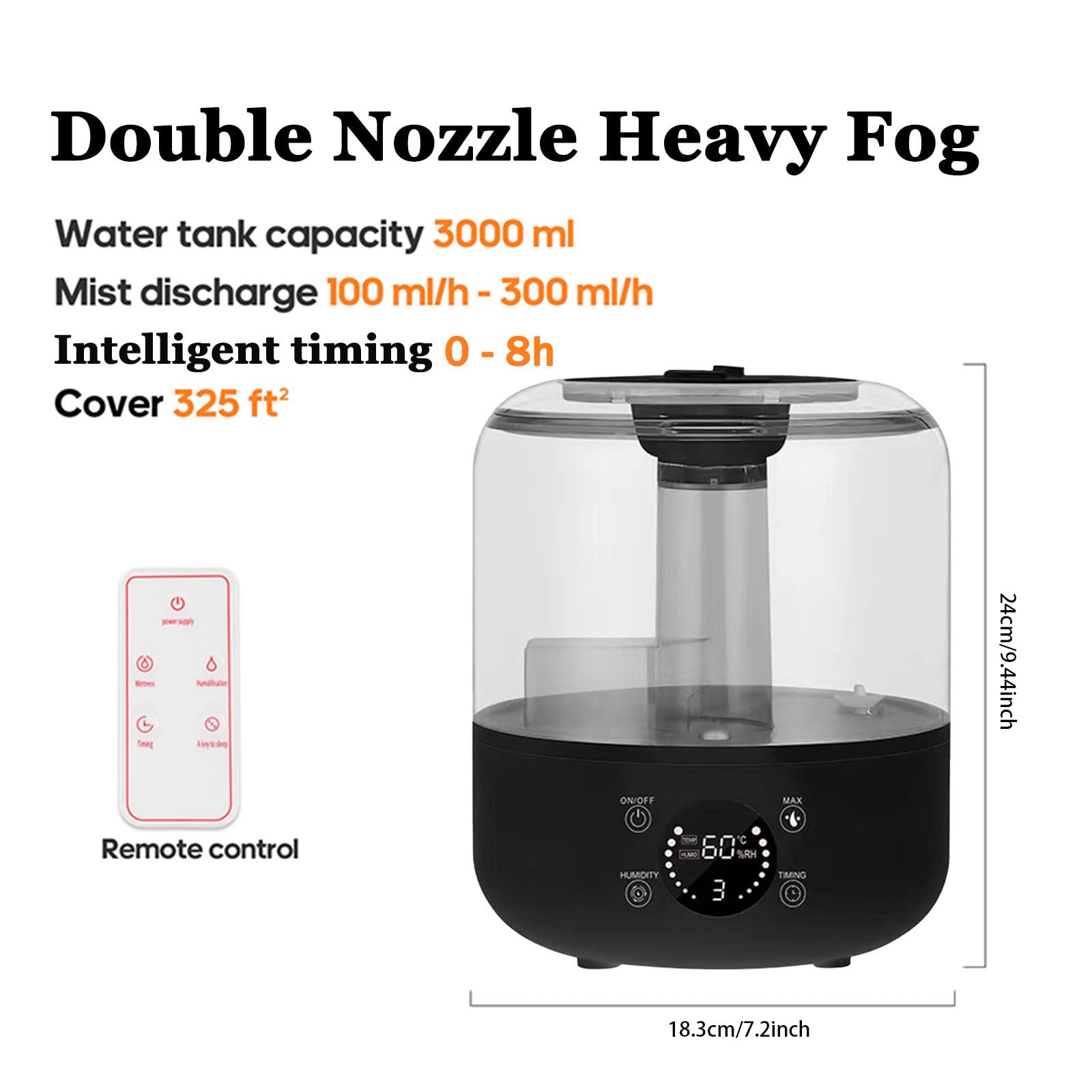 Humidificador para dormitorio, niebla fría ultrasónica de 3 litros con control remoto, difusor de aceite esencial, temporizador de apagado automático de seguridad, boquilla de rotación de 360°, tamaño