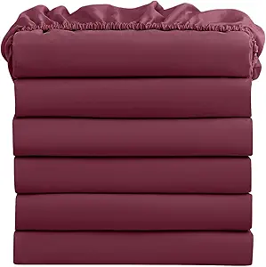 FreshCulture Full Fitted Sheets, Bulk Pack of 6, Deep Pocket, Soft Microfiber Bottom Sheets for Home, Salons, Hotels, Full Size Fitted Sheets Only (Burgundy)