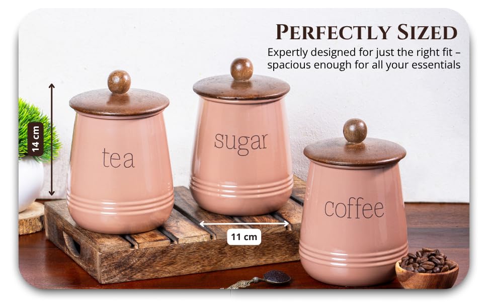Image of Metallure Home Stylish Airtight Container Set | Sugar Tea Coffee Container Set of 3 | Metal and Wood Lid Canister for Kitchen Storage | Food-Safe Jar Set for Kitchen (Mocha Mousse)
