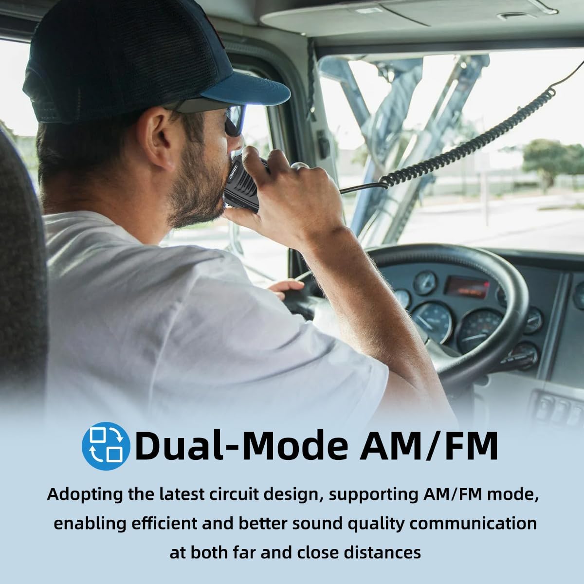 Image highlighting the Dual-Mode AM/FM feature, showing the radio in a vehicle with text explaining its efficient sound quality communication.