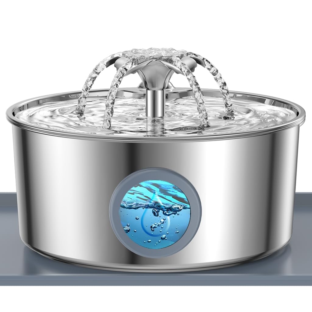 Stainless Steel Cat Water Fountain with Silicone Mat & 2 Filters, 108oz/3.2L Automatic Pet Water Dispenser for Cats Dogs, Quiet Indoor Metal Drinking Bowl, Dog Fountains, Waterer