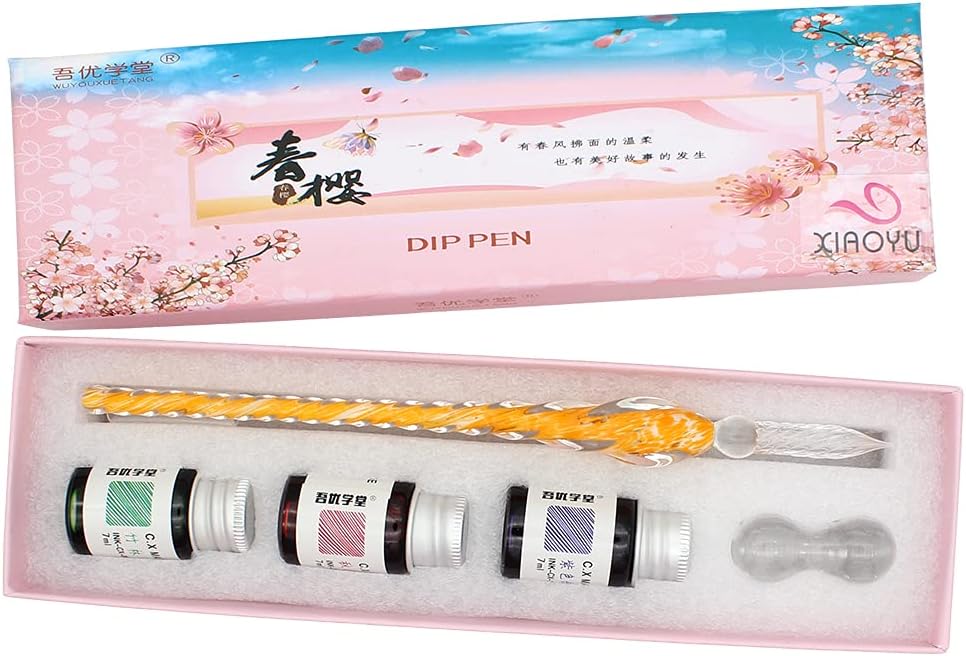 XIAOYU Glass Dip Pen Set, Calligraphy Pen Signature Pen Writing for School Stationery Art Decoration Supplies, Orange