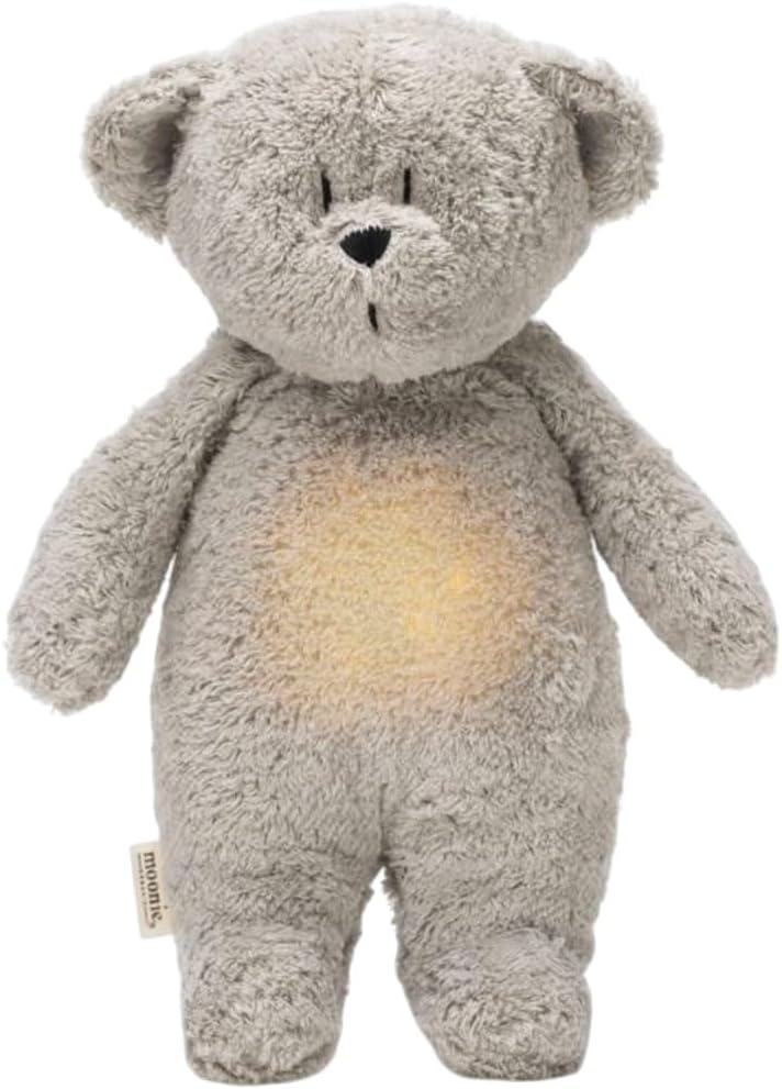 Moonie 2.0 Organic Humming Bear with Night Lamp – Gray | Soothing White & Pink Noise Sleep Aid for Babies | Voice Recording | Rechargeable, GOTS Certified Cotton | Calming Plush for Newborn & Toddler