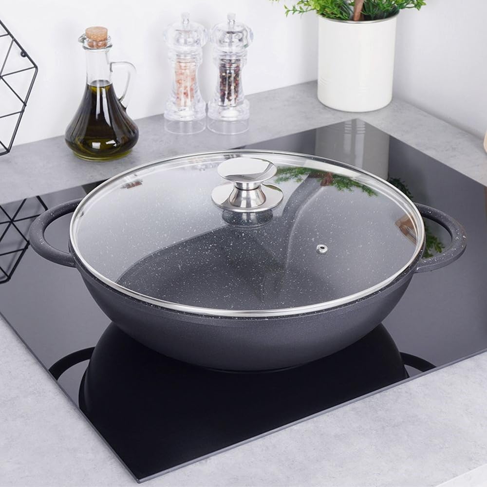 orion group Grande patelnia wok 32 cm ze szklaną pokrywką, powłoka granitowa, nieprzywierająca, indukcyjna, nadaje się do mycia w zmywarce, nie zawiera PFOA, do wszystkich rodzajów kuchenek, czarna