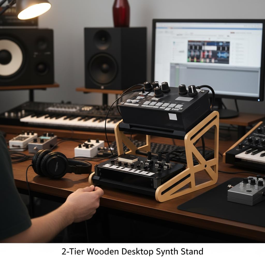 2-Tier Wooden Desktop Synth Stand - Ergonomic Angled Rack for Small Synthesizers & Drum Machines, Space-Saving Studio Organizer, Easy to Assemble