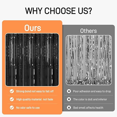 Miniatura 3 de Telón de fondo negro con flecos de 6.6 x 6.6 pies, paquete de 2 cortinas de flecos de papel aluminio negro para fiesta de cumpleaños, fiesta de