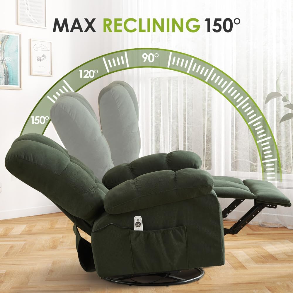 Kneading Massage Recliner Chair with 3D Rolling Heat Rocking Function USB Charge Port Cup Holders for Living Room Office (Green + Metal + Primary Living Space)