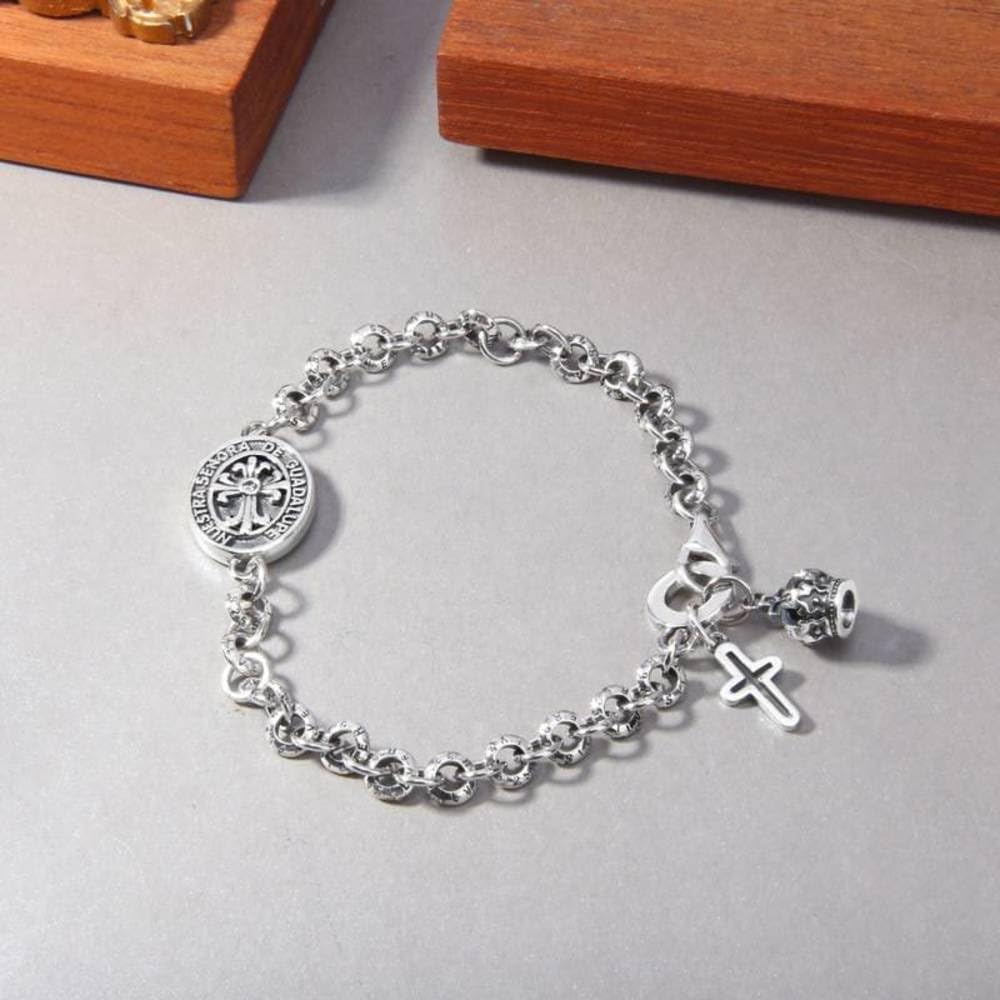 Bracciale S925 in Argento Sterling con Croce Iris e Corona Mary, Bracciale per Uomo e Donna, Gioielli Personalizzati con Carta di Moda